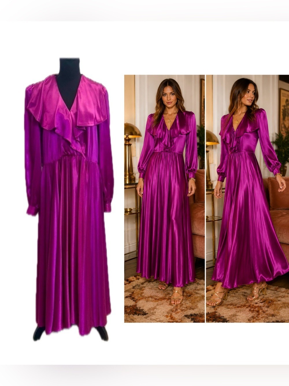 Vintage Lisa Clark Magenta Purple Satin Effect V-neck Pleated Long Sleeve Dress